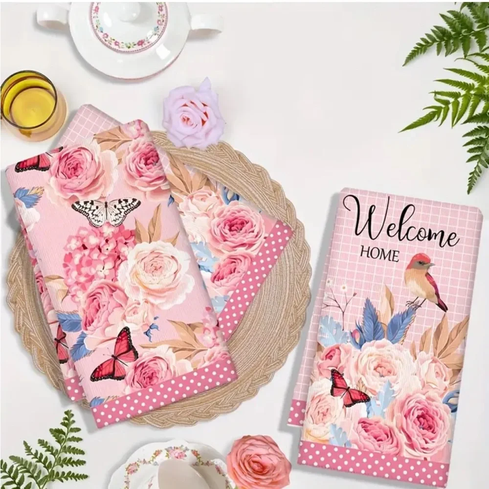 Set of 2 Floral Bird Butterflies Kitchen / Hand Towels